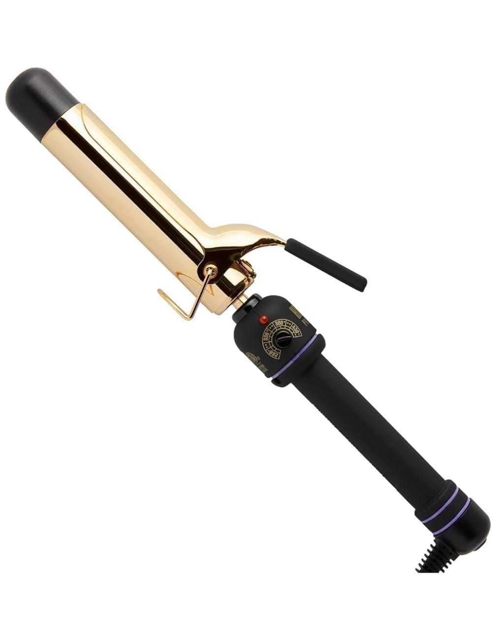 Gold and black curling iron with a clamp, featuring a ceramic barrel and ergonomic handle.
